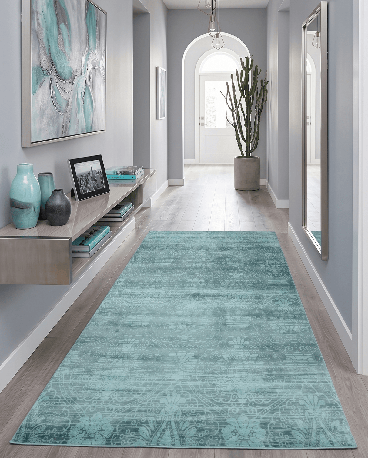 Modern Floral Design Teal Hand Loom Wool and Bamboo Silk 6x10 Area Rug
