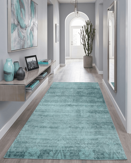 Modern Floral Design Teal Hand Loom Wool and Bamboo Silk 6x10 Area Rug