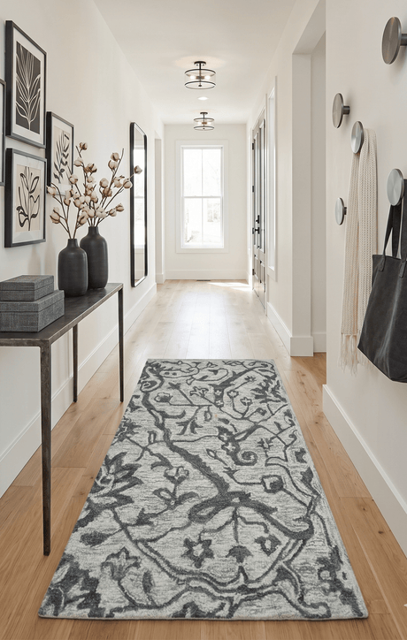 Modern Floral Ivory and Charcoal Hand Woven Area Wool Rug