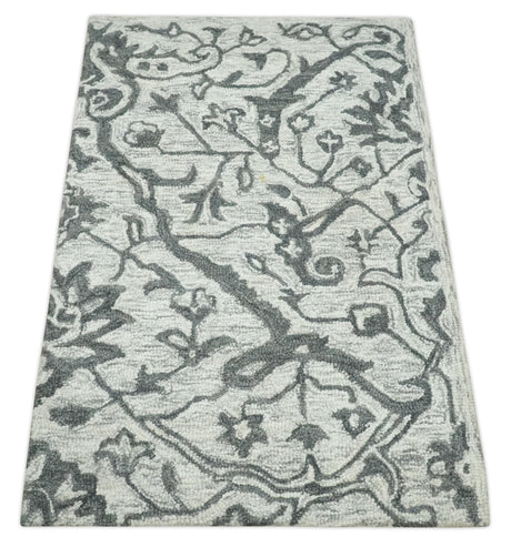 Modern Floral Ivory and Charcoal Hand Woven Area Wool Rug