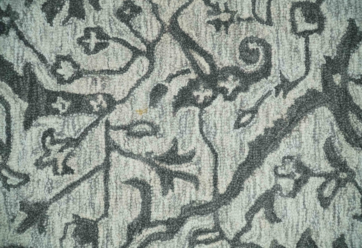 Modern Floral Ivory and Charcoal Hand Woven Area Wool Rug