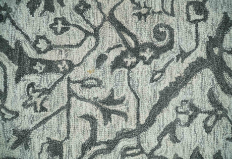 Modern Floral Ivory and Charcoal Hand Woven Area Wool Rug