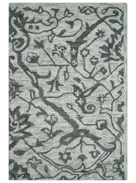 Modern Floral Ivory and Charcoal Hand Woven Area Wool Rug