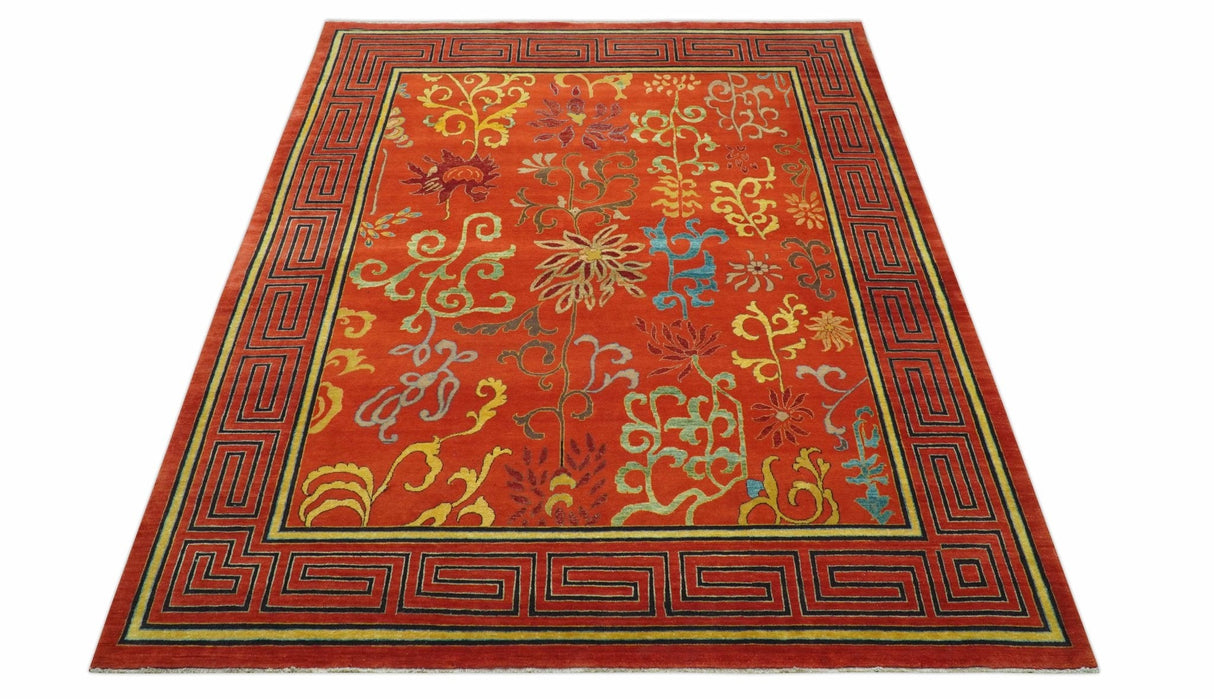 Modern Floral Orange 8x10 Hand Knotted wool Area Rug