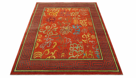 Modern Floral Orange 8x10 Hand Knotted wool Area Rug