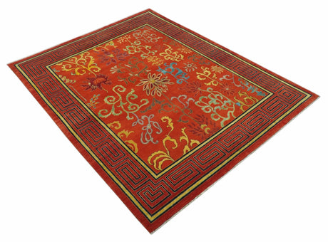 Modern Floral Orange 8x10 Hand Knotted wool Area Rug