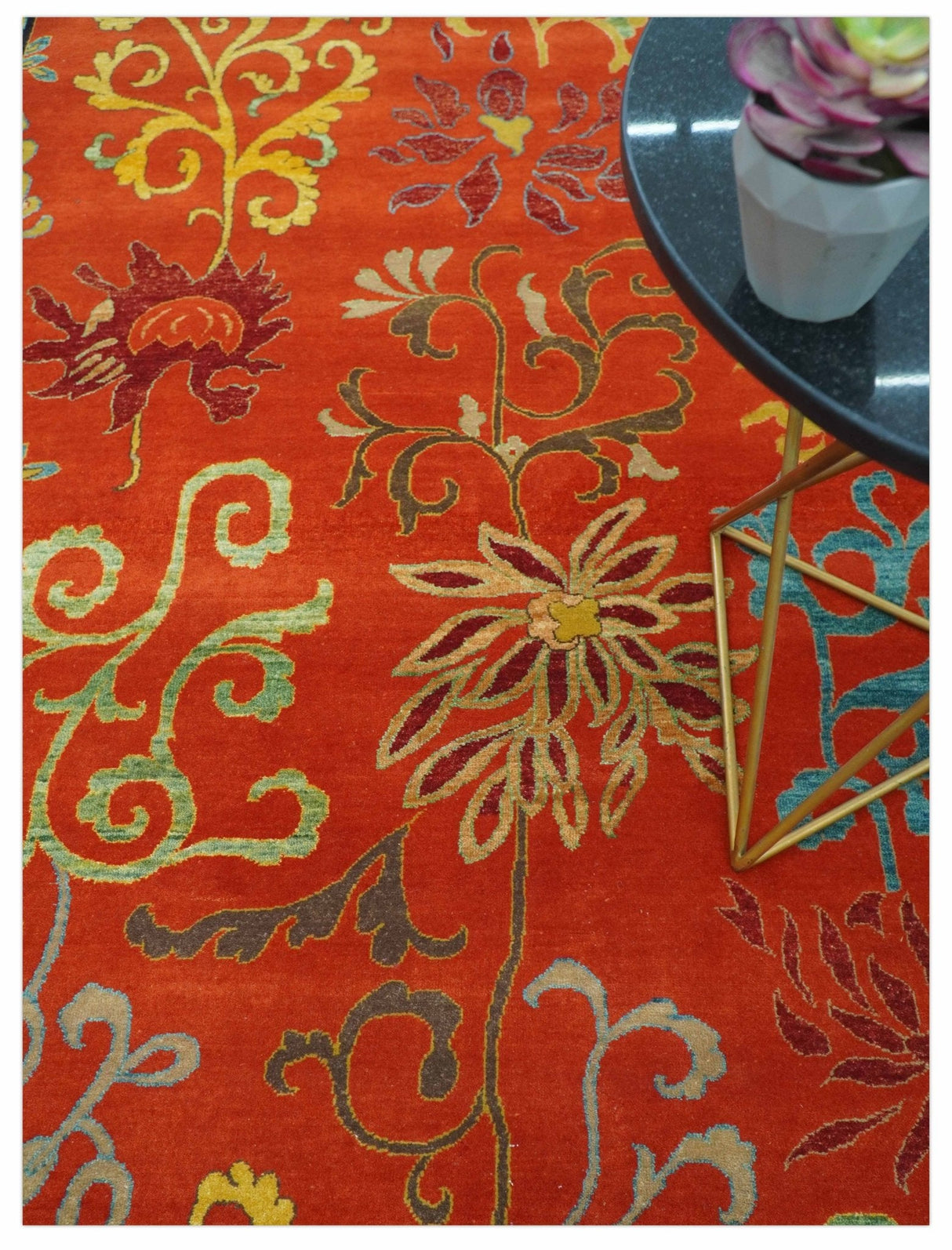Modern Floral Orange 8x10 Hand Knotted wool Area Rug