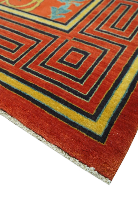 Modern Floral Orange 8x10 Hand Knotted wool Area Rug