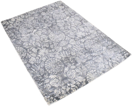 Modern Floral Silver And Ivory Hand Loom Viscose 5x8 Area Rug
