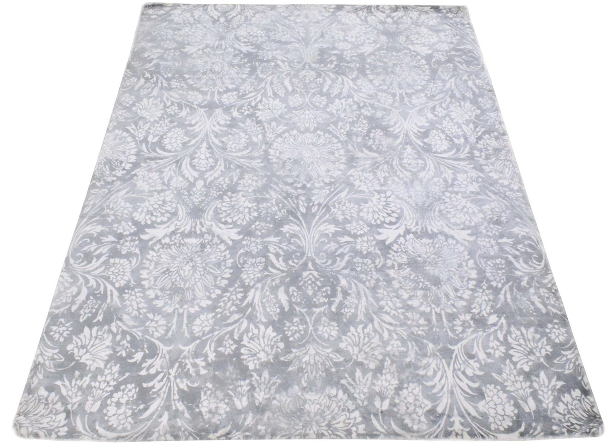 Modern Floral Silver And Ivory Hand Loom Viscose 5x8 Area Rug