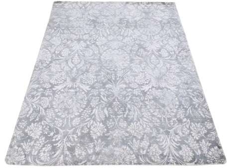Modern Floral Silver And Ivory Hand Loom Viscose 5x8 Area Rug