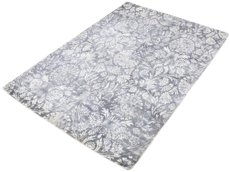 Modern Floral Silver And Ivory Hand Loom Viscose 5x8 Area Rug