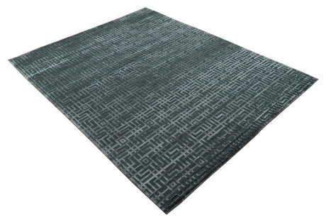 Modern Geometric Design Dark Teal And Silver 8x10 Hand Knotted Wool And Art Silk Rug