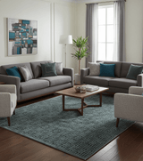 Modern Geometric Design Dark Teal And Silver 8x10 Hand Knotted Wool And Art Silk Rug