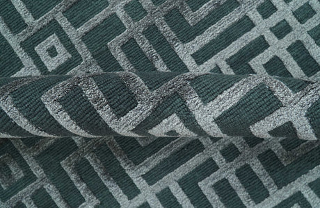 Modern Geometric Design Dark Teal And Silver 8x10 Hand Knotted Wool And Art Silk Rug
