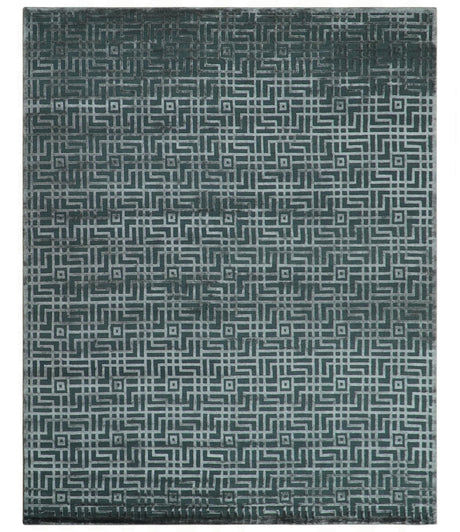 Modern Geometric Design Dark Teal And Silver 8x10 Hand Knotted Wool And Art Silk Rug-Area Rug-Parc Decor