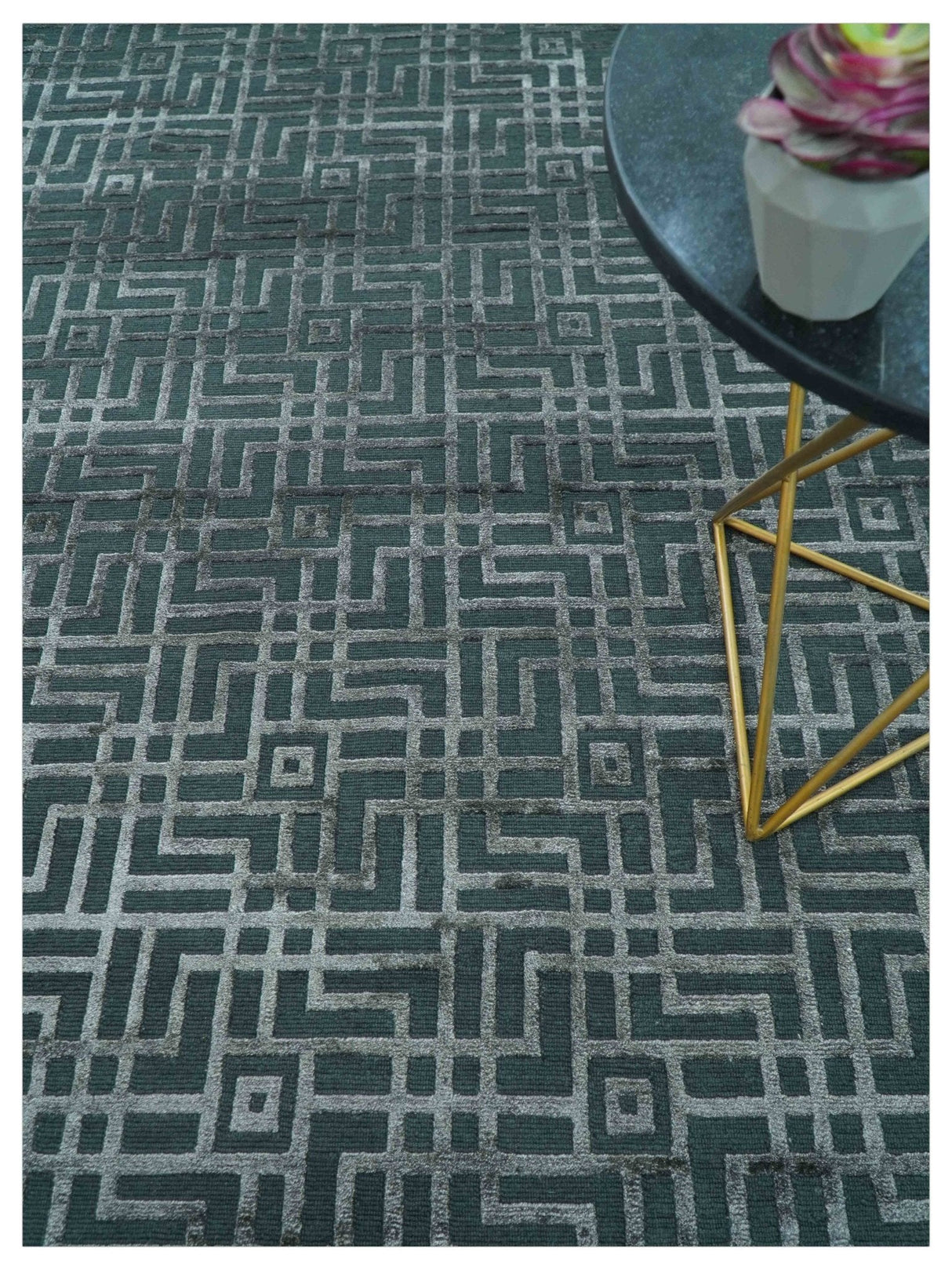 Modern Geometric Design Dark Teal And Silver 8x10 Hand Knotted Wool And Art Silk Rug-Area Rug-Parc Decor