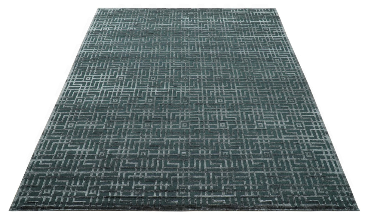 Modern Geometric Design Dark Teal And Silver 8x10 Hand Knotted Wool And Art Silk Rug-Area Rug-Parc Decor