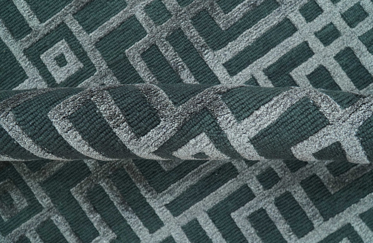 Modern Geometric Design Dark Teal And Silver 8x10 Hand Knotted Wool And Art Silk Rug-Area Rug-Parc Decor