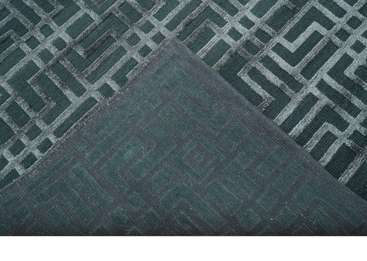 Modern Geometric Design Dark Teal And Silver 8x10 Hand Knotted Wool And Art Silk Rug-Area Rug-Parc Decor