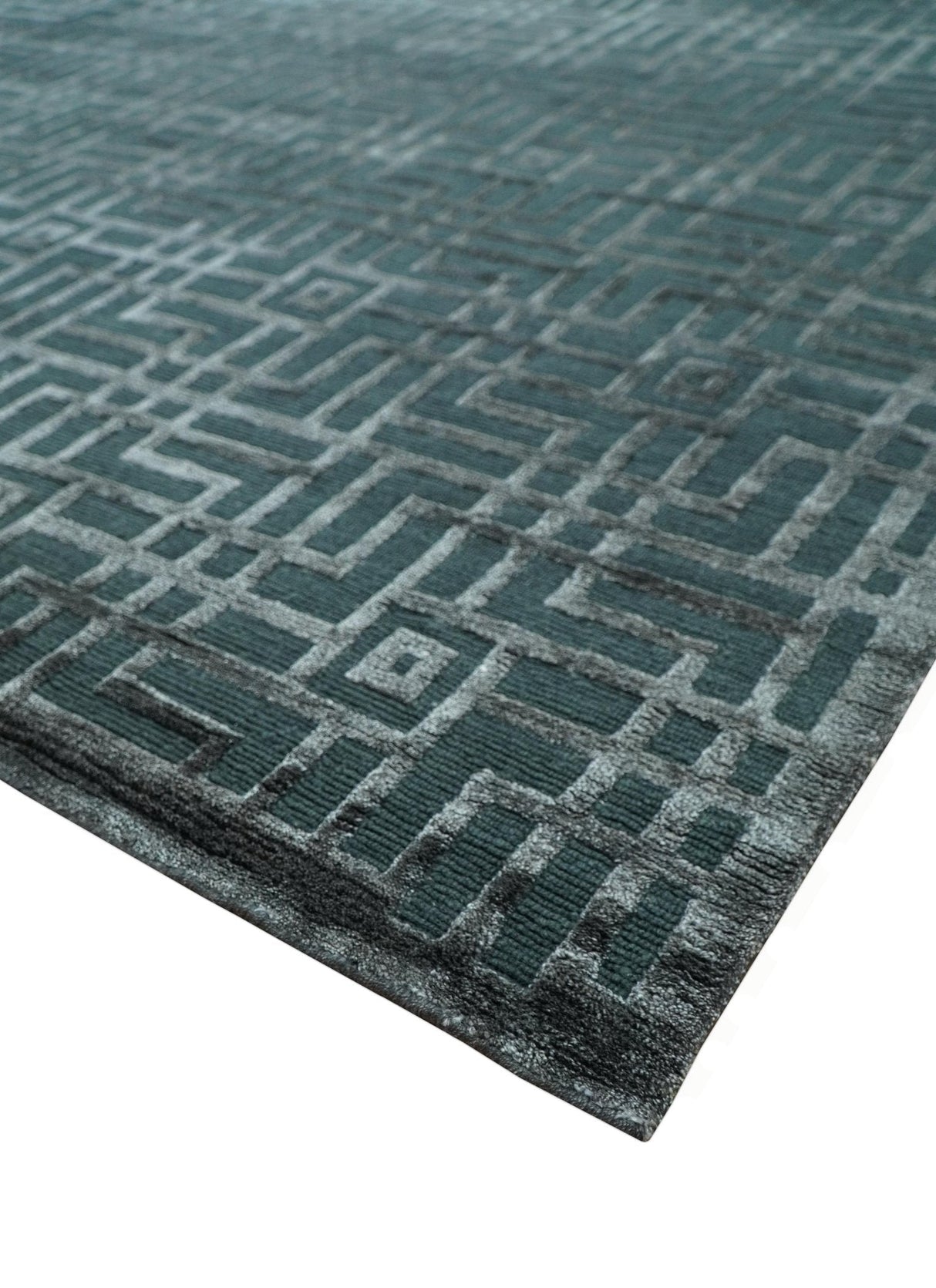 Modern Geometric Design Dark Teal And Silver 8x10 Hand Knotted Wool And Art Silk Rug-Area Rug-Parc Decor