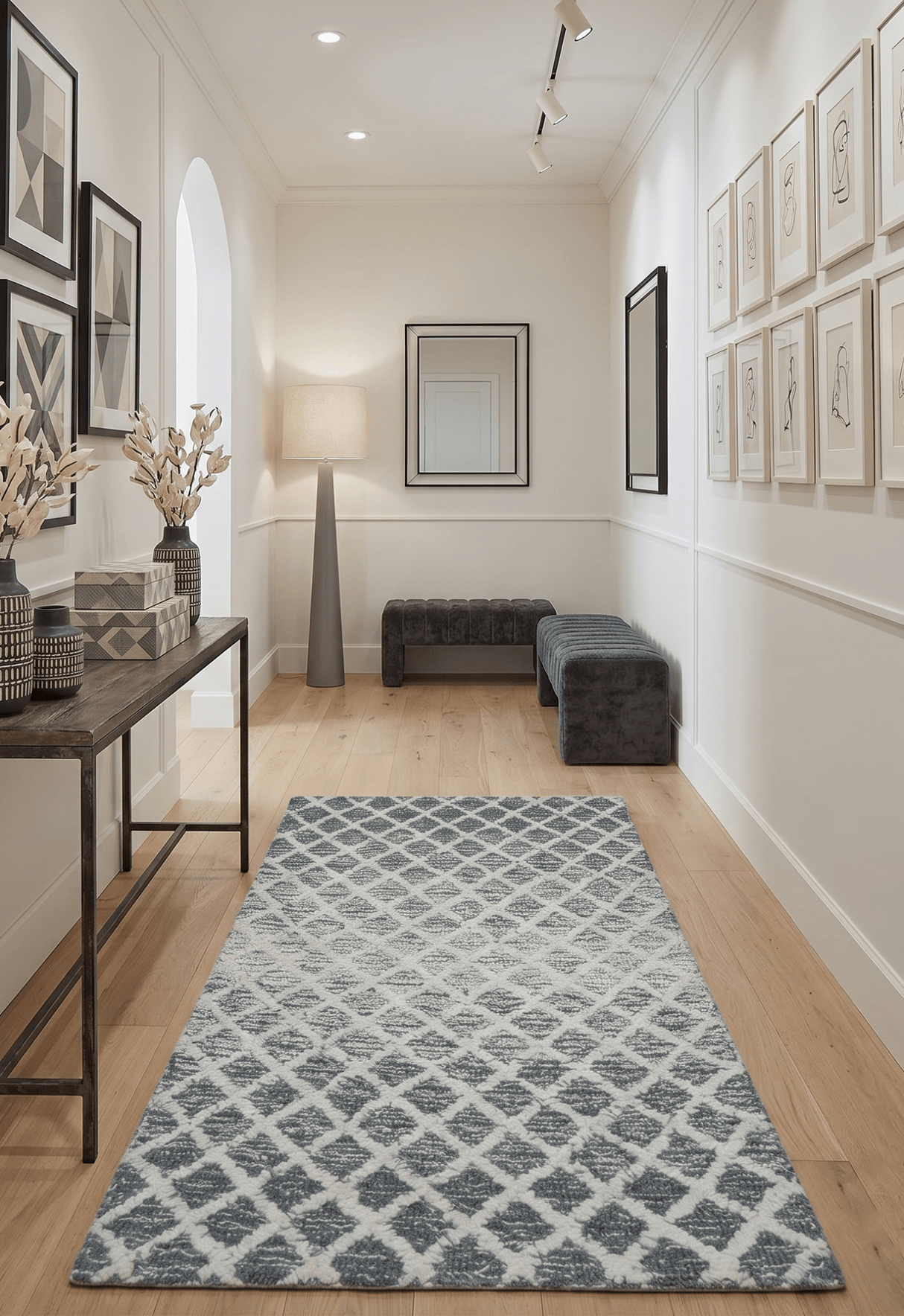 Modern Geometric Ivory and Charcoal Hand Tufted Natural Wool Area Rug