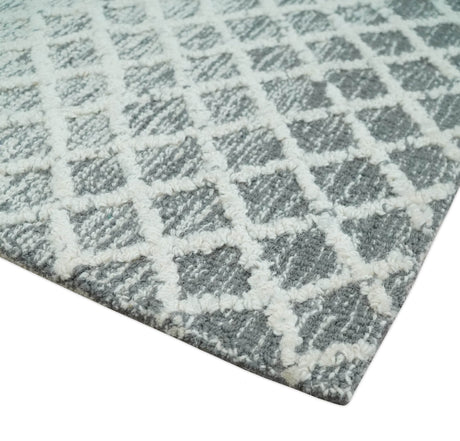 Modern Geometric Ivory and Charcoal Hand Tufted Natural Wool Area Rug