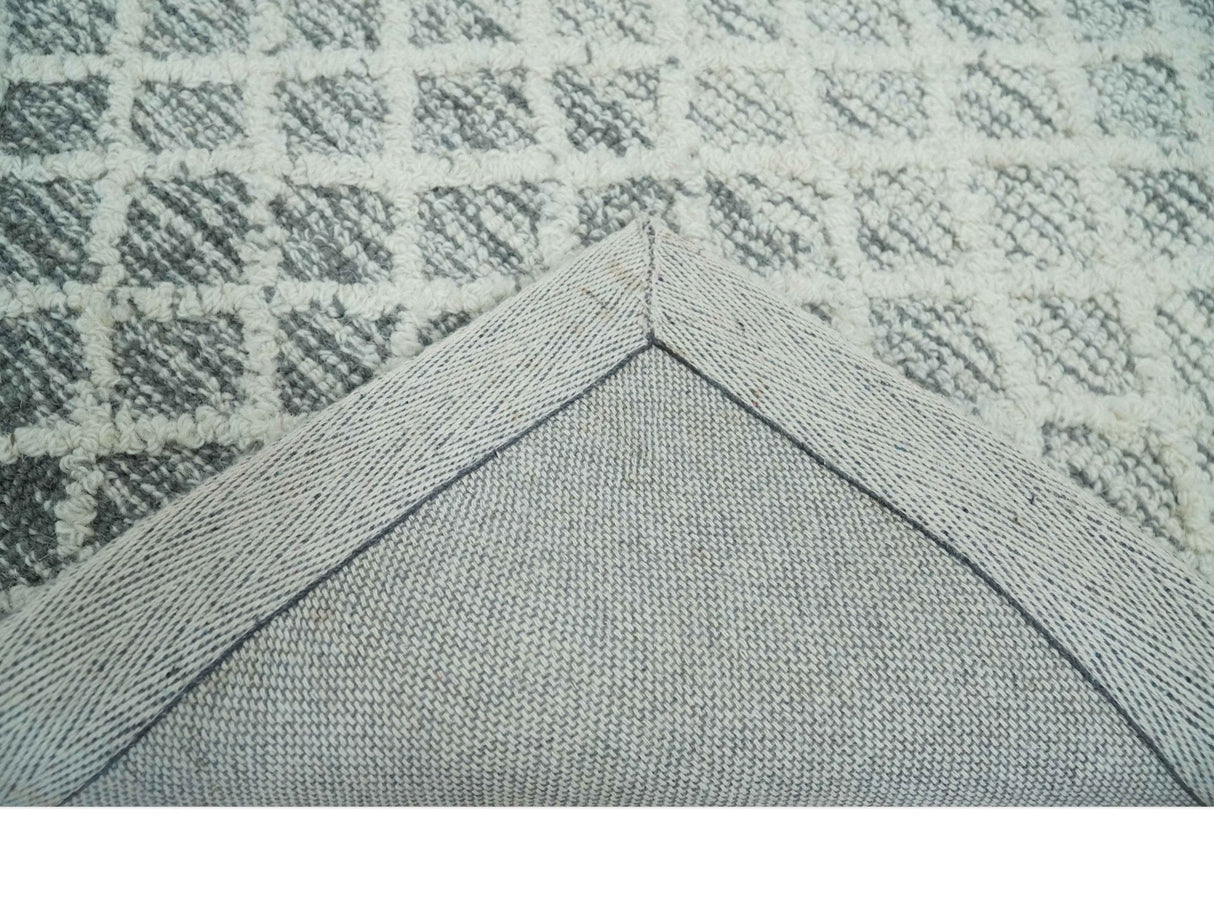 Modern Geometric Ivory and Charcoal Hand Tufted Natural Wool Area Rug