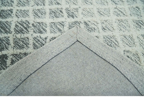 Modern Geometric Ivory and Charcoal Hand Tufted Natural Wool Area Rug