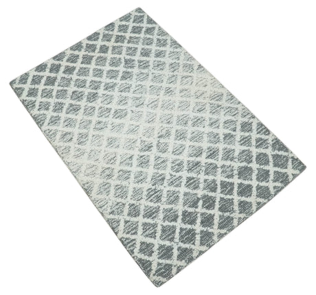 Modern Geometric Ivory and Charcoal Hand Tufted Natural Wool Area Rug