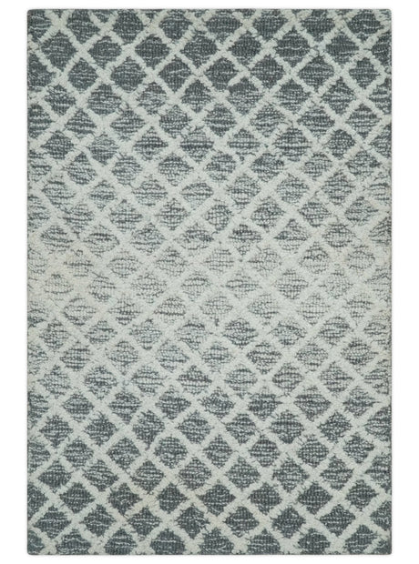 Modern Geometric Ivory and Charcoal Hand Tufted Natural Wool Area Rug