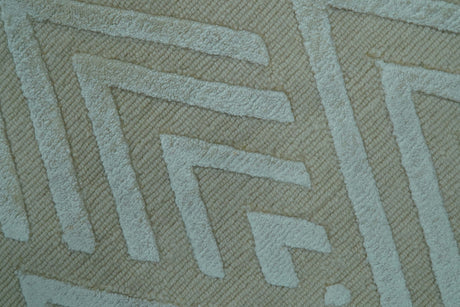 Modern Geometric Pattern Ivory And Beige Hand Knotted 9x12 Area Rug
