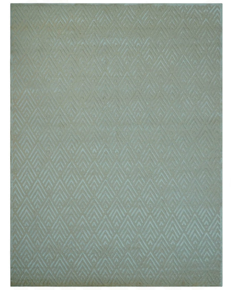 Modern Geometric Pattern Ivory And Beige Hand Knotted 9x12 Area Rug