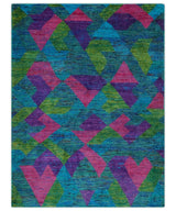 Modern Geometrical 6x8 Blue, Purple, Violet and Green Hand Knotted wool area rug