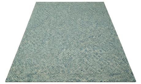Modern Geometrical 8x10 Teal and Ivory Hand Tufted wool area rug