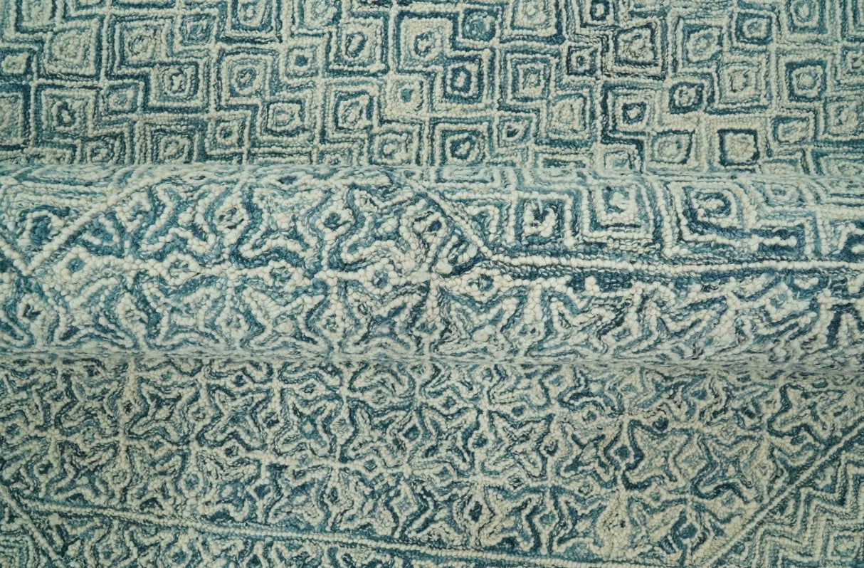 Modern Geometrical 8x10 Teal and Ivory Hand Tufted wool area rug