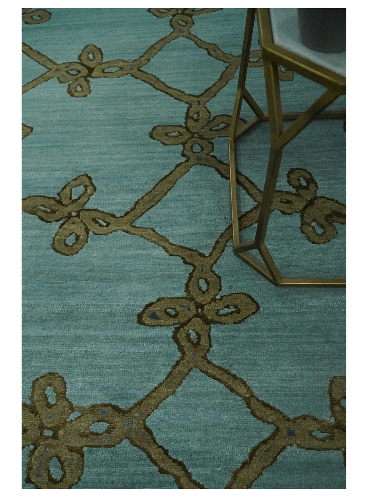 Modern Geometrical Aqua, Camel and Charcoal 6x9 Hand loom Wool and Art Silk Area Rug-Area Rug-Parc Decor