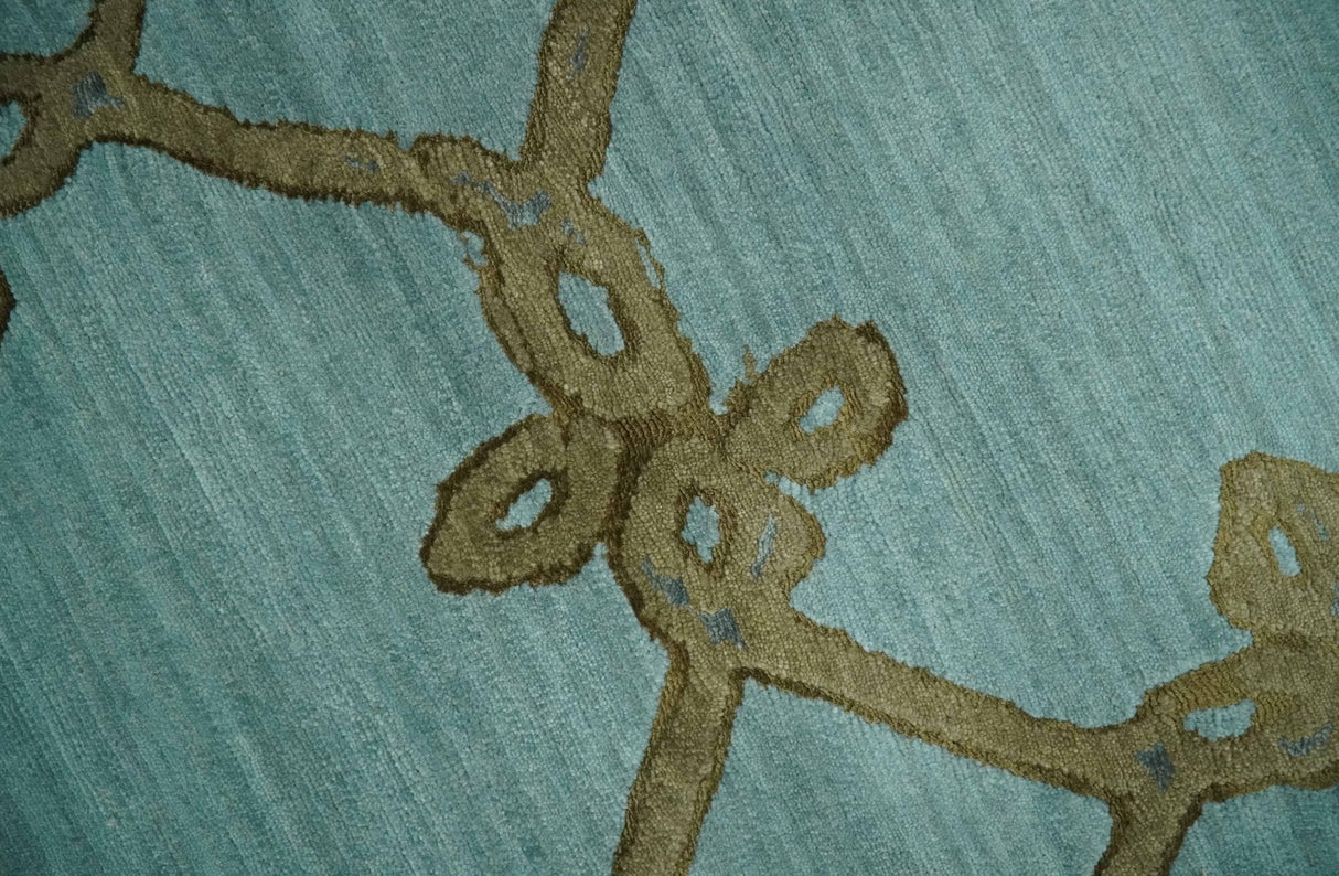 Modern Geometrical Aqua, Camel and Charcoal 6x9 Hand loom Wool and Art Silk Area Rug-Area Rug-Parc Decor