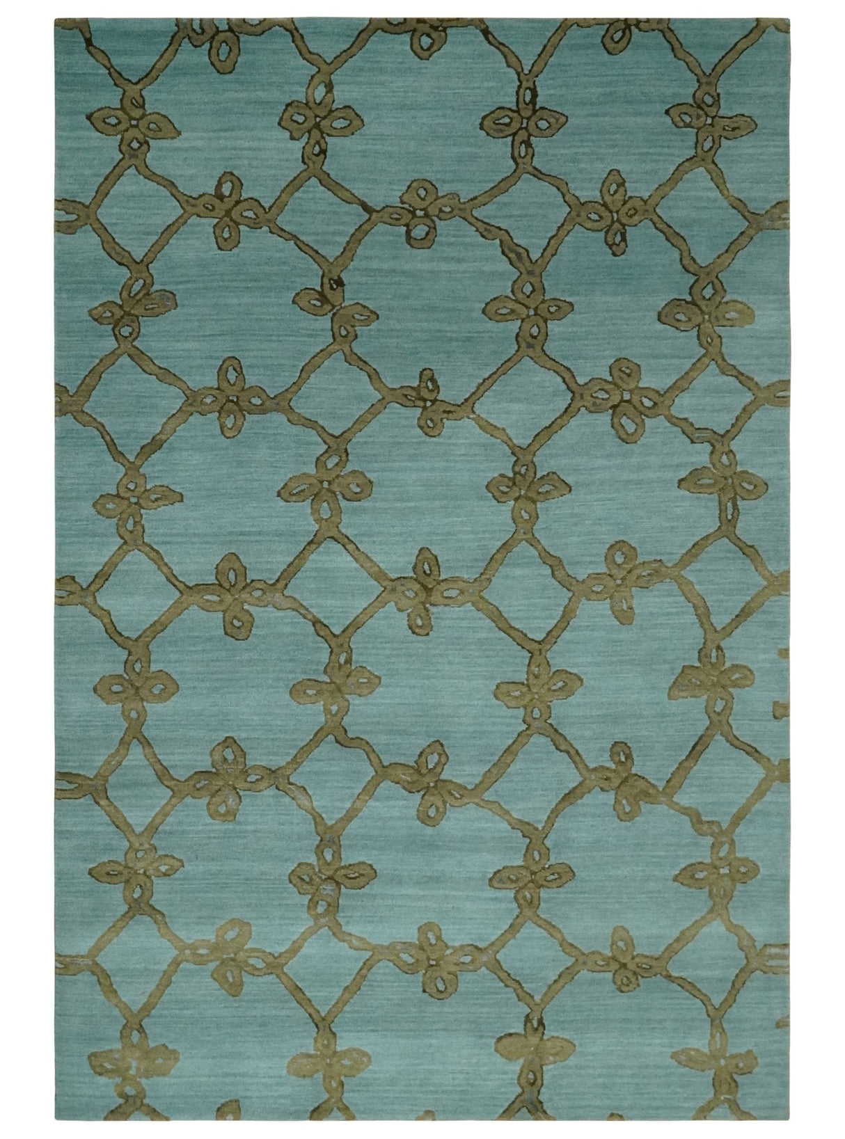 Modern Geometrical Aqua, Camel and Charcoal 6x9 Hand loom Wool and Art Silk Area Rug-Area Rug-Parc Decor