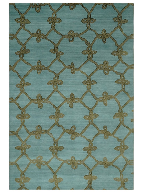 Modern Geometrical Aqua, Camel and Charcoal 6x9 Hand loom Wool and Art Silk Area Rug-Area Rug-Parc Decor