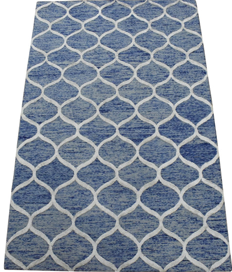 Modern Geometrical Blue Hand Tufted Wool 5x8 Area Rug