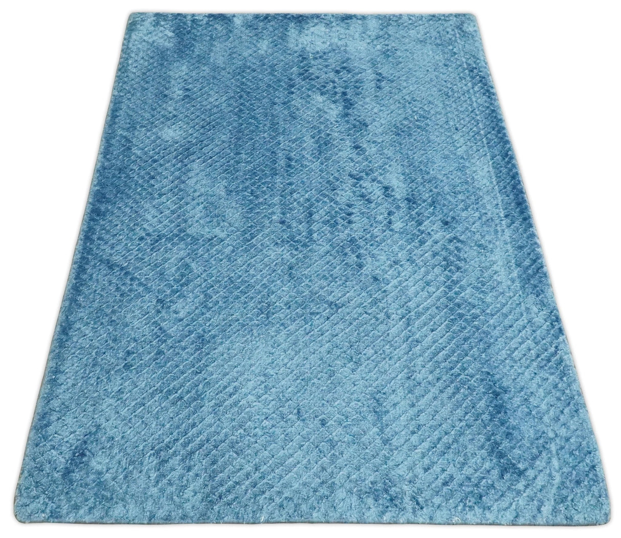 Modern Geometrical Cross Square Hand Made 2x3 Aqua Blue Art silk Area Rug-Area Rug-Parc Decor