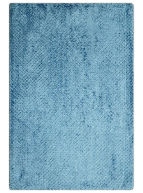 Modern Geometrical Cross Square Hand Made 2x3 Aqua Blue Art silk Area Rug-Area Rug-Parc Decor