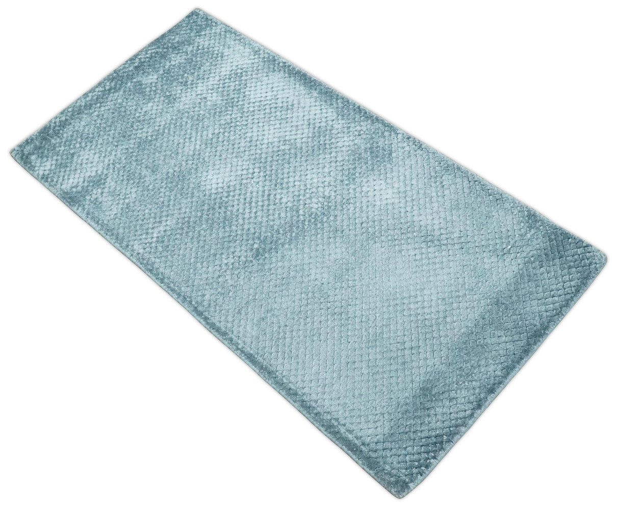 Modern Geometrical Cross Square Hand Made 2x4 Aqua Blue Art Silk Area Rug-Area Rug-Parc Decor