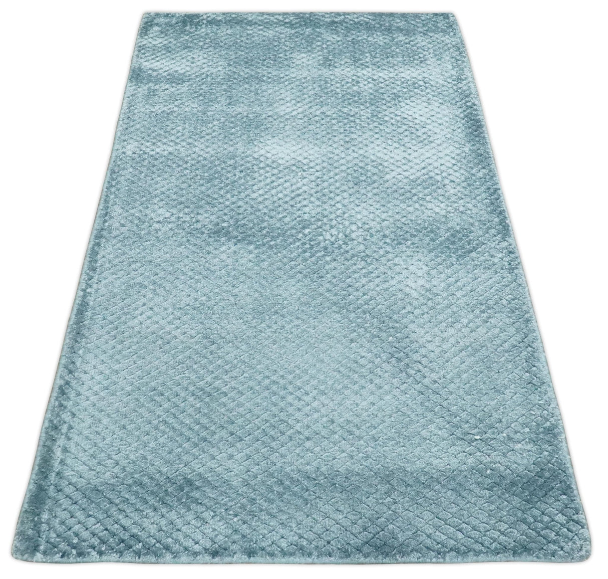 Modern Geometrical Cross Square Hand Made 2x4 Aqua Blue Art Silk Area Rug-Area Rug-Parc Decor