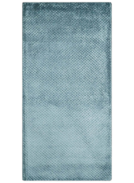 Modern Geometrical Cross Square Hand Made 2x4 Aqua Blue Art Silk Area Rug-Area Rug-Parc Decor
