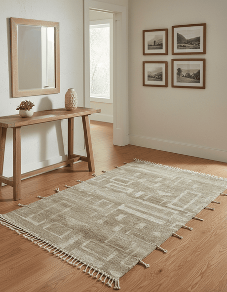Modern Geometrical Dark Beige and Ivory Hand Knotted 5x8 Wool Area Rug