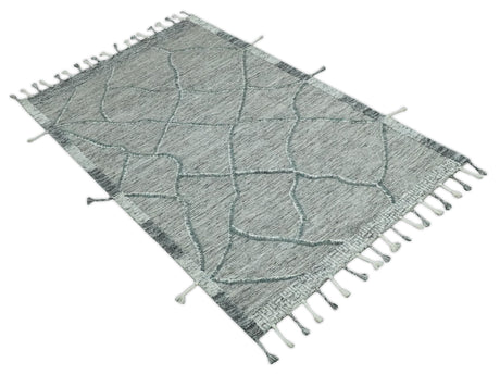 Modern Geometrical Hand carved Texture Gray, Ivory and Charcoal Hand Knotted 5x8 wool Area Rug
