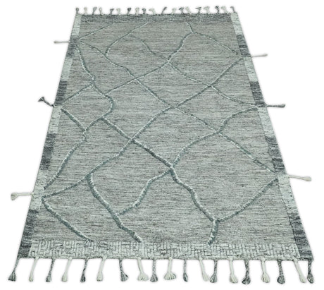 Modern Geometrical Hand carved Texture Gray, Ivory and Charcoal Hand Knotted 5x8 wool Area Rug