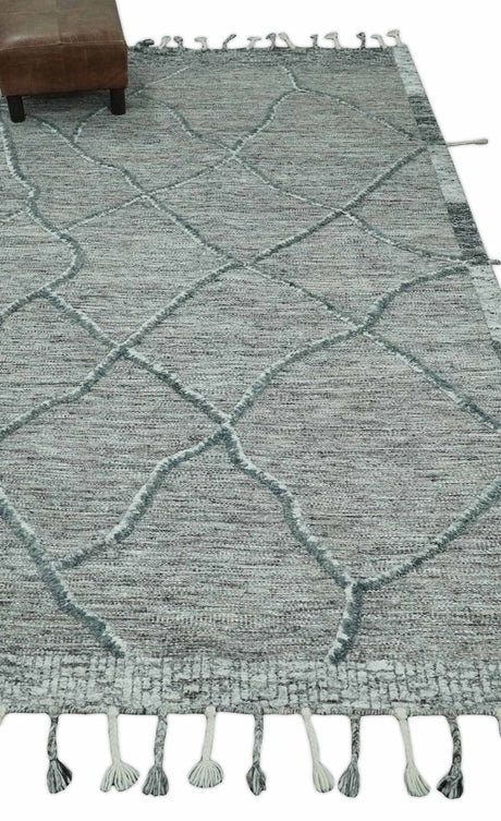 Modern Geometrical Hand carved Texture Gray, Ivory and Charcoal Hand Knotted 5x8 wool Area Rug